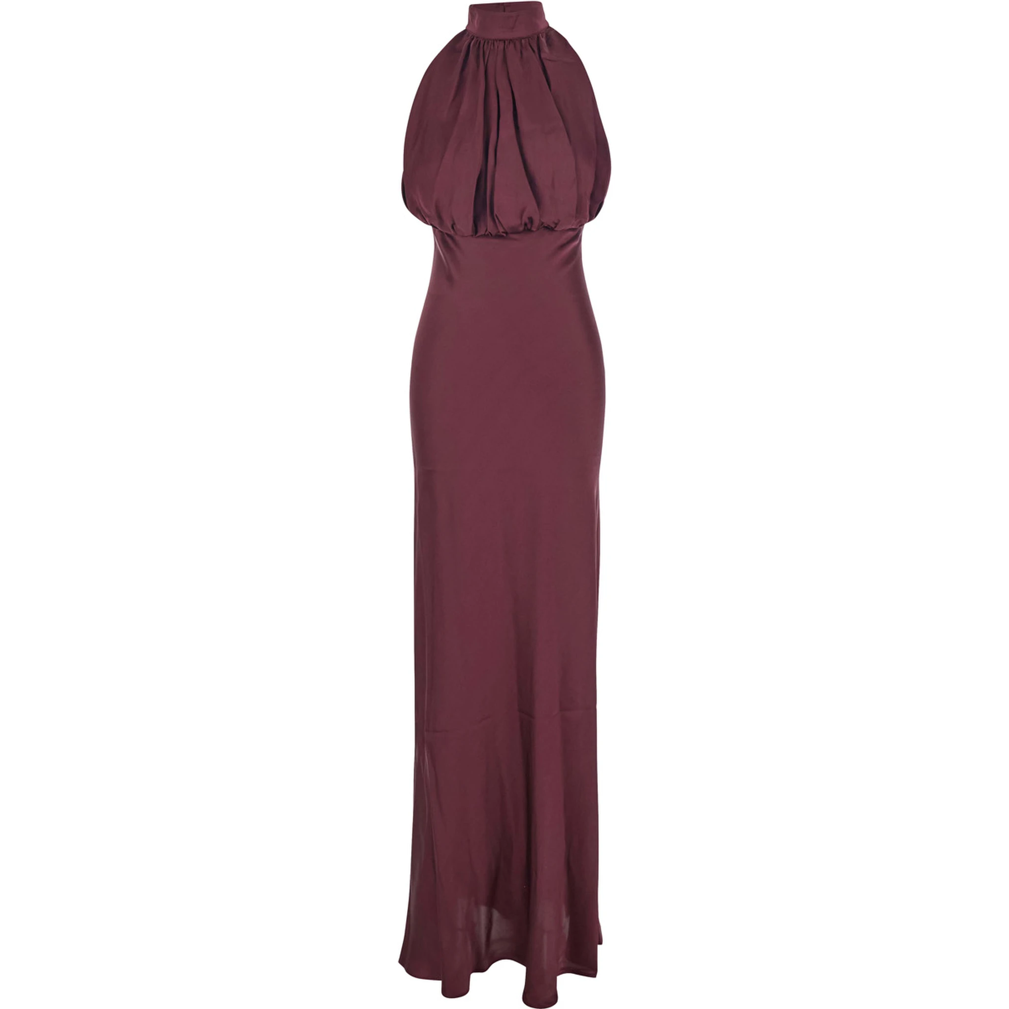 Bordeaux Off-Shoulder Long Dress with Ruched Front in Silk Woman