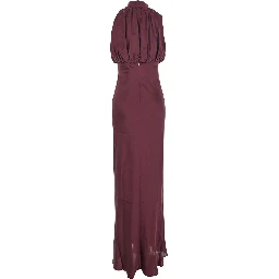 Bordeaux Off-Shoulder Long Dress with Ruched Front in Silk Woman