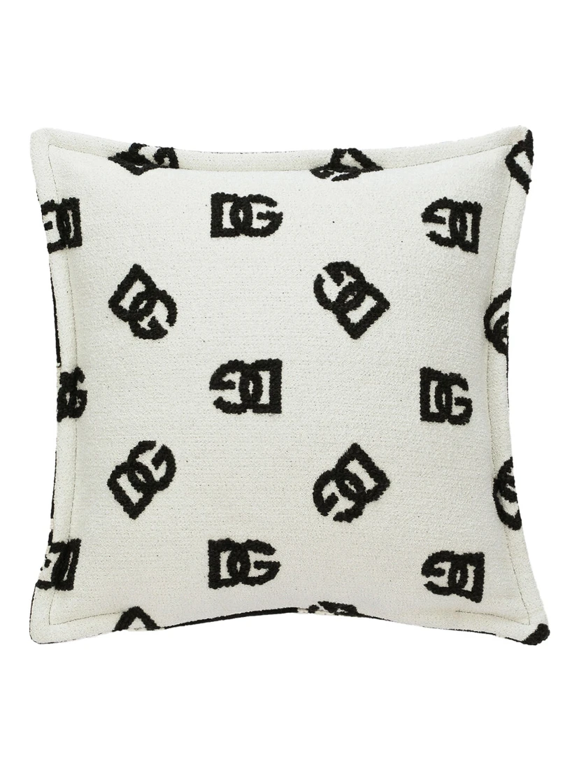 Black and WHite Square Cushion with All-Over Logo Motif in Cotton Home