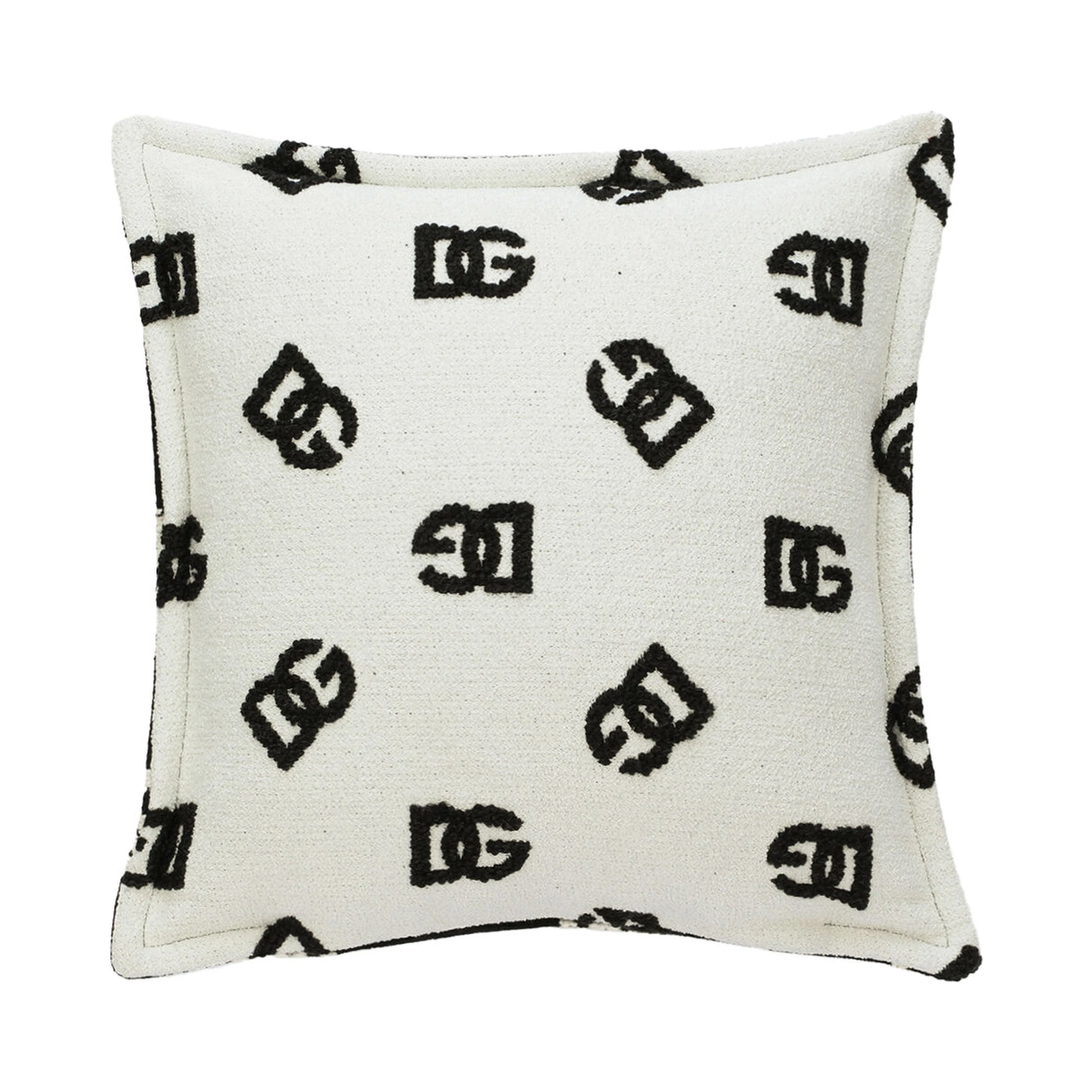 Black and WHite Square Cushion with All-Over Logo Motif in Cotton Home