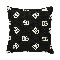 Black and WHite Square Cushion with All-Over Logo Motif in Cotton Home