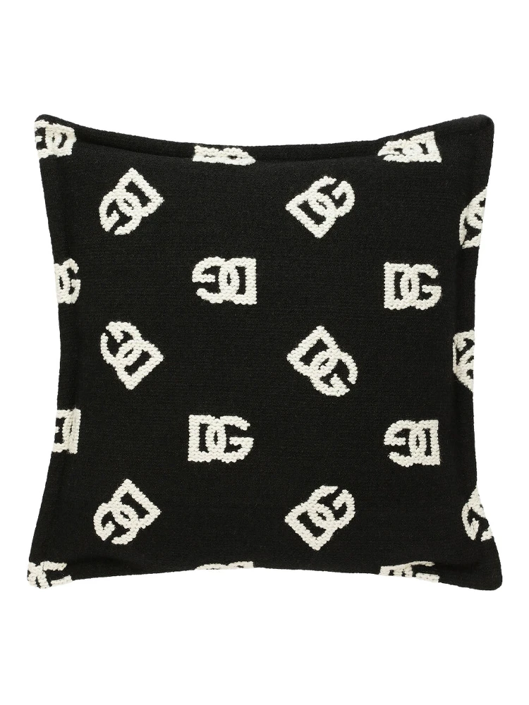 Black and WHite Square Cushion with All-Over Logo Motif in Cotton Home alternative