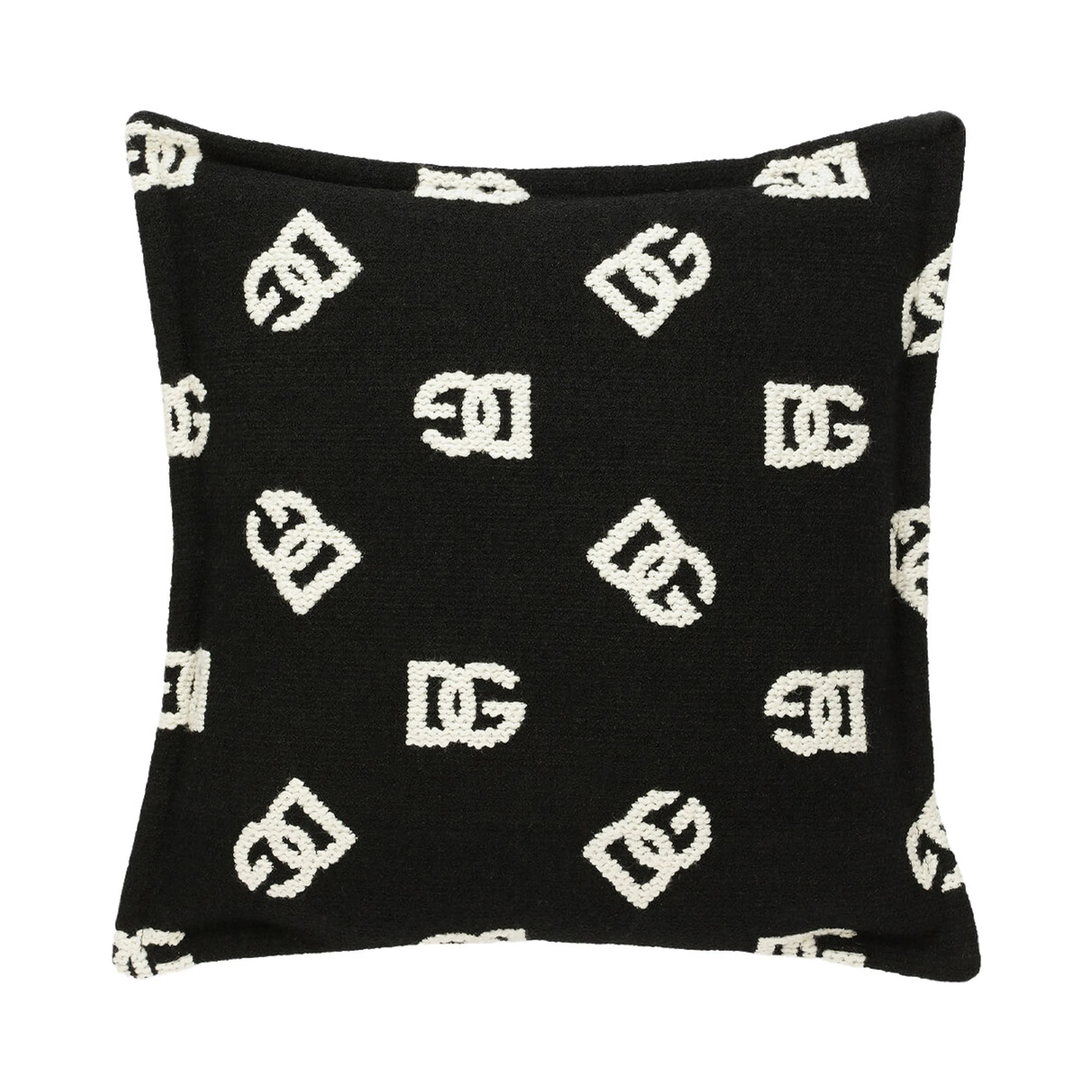 Black and WHite Square Cushion with All-Over Logo Motif in Cotton Home