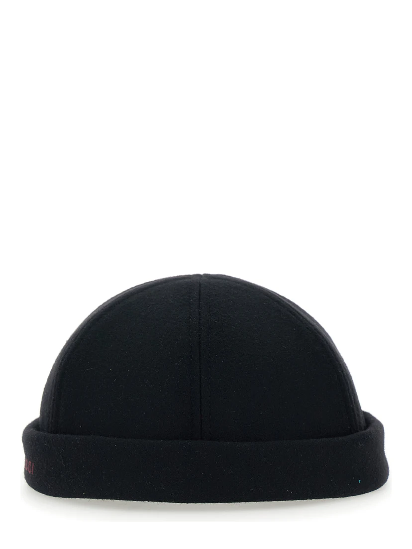 Black Beanie with Logo Lettering and Rear Closure with Web Detail in Wool Man