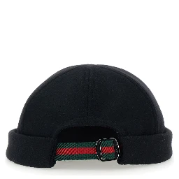 Black Beanie with Logo Lettering and Rear Closure with Web Detail in Wool Man