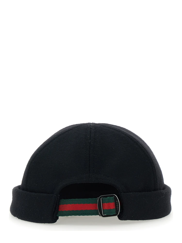 Black Beanie with Logo Lettering and Rear Closure with Web Detail in Wool Man alternative