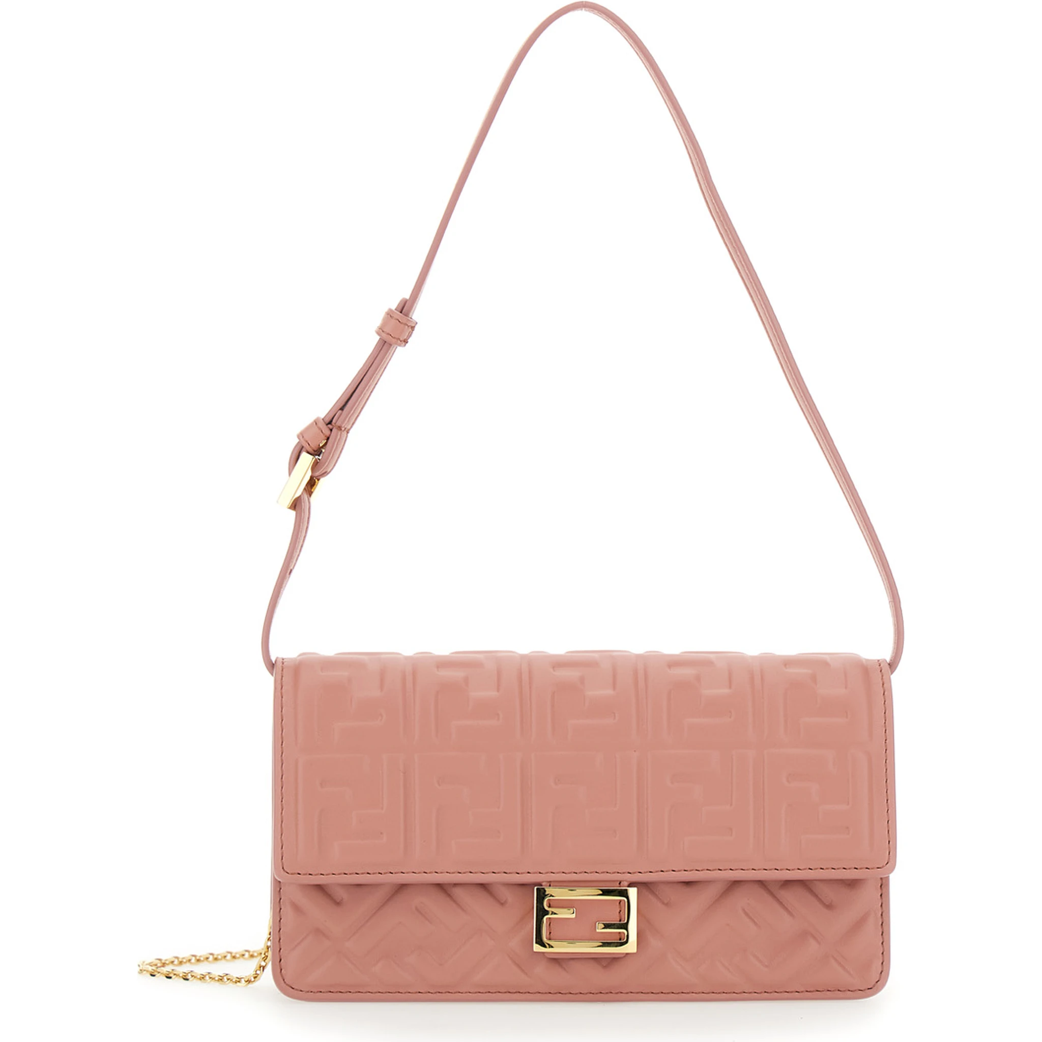 Pink Wallet on Chain Baguette with All-Over FF Motif and FF Plaque in Leather Woman