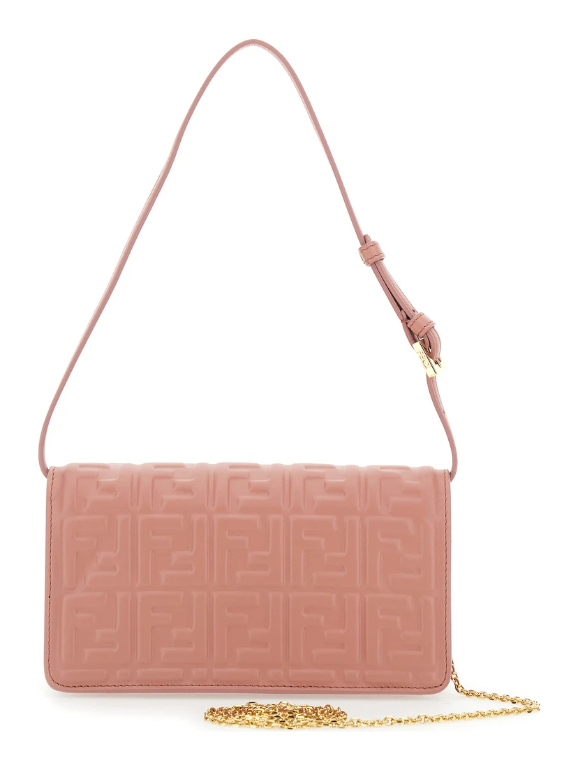 Pink Wallet on Chain Baguette with All-Over FF Motif and FF Plaque in Leather Woman