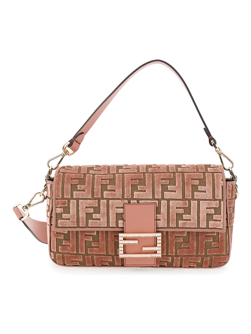 Baguette Pink Medium Shoulder Bag with All-Over FF Motif and FF Logo Plaque on the Front in Cotton Blend Woman