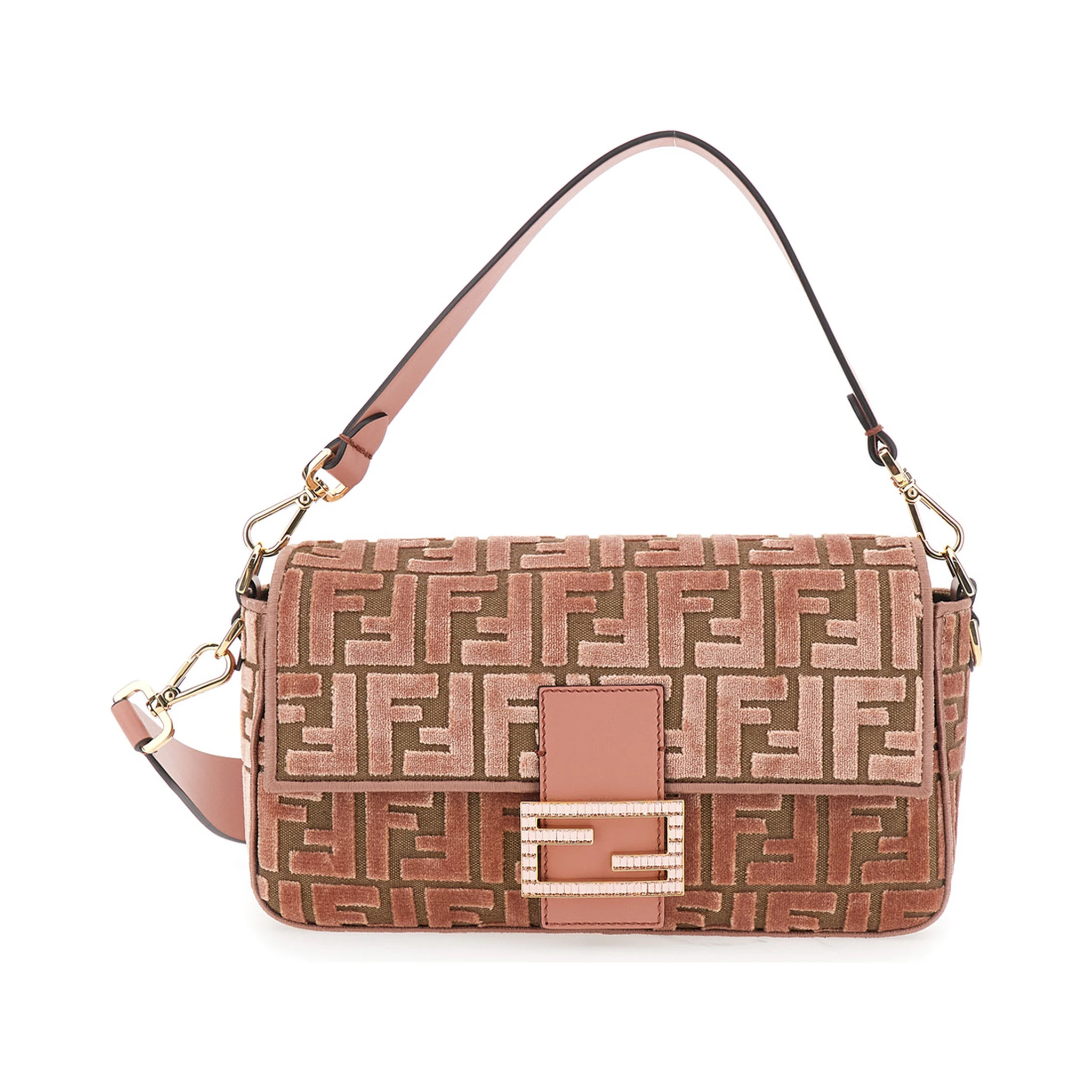 Baguette Pink Medium Shoulder Bag with All-Over FF Motif and FF Logo Plaque on the Front in Cotton Blend Woman