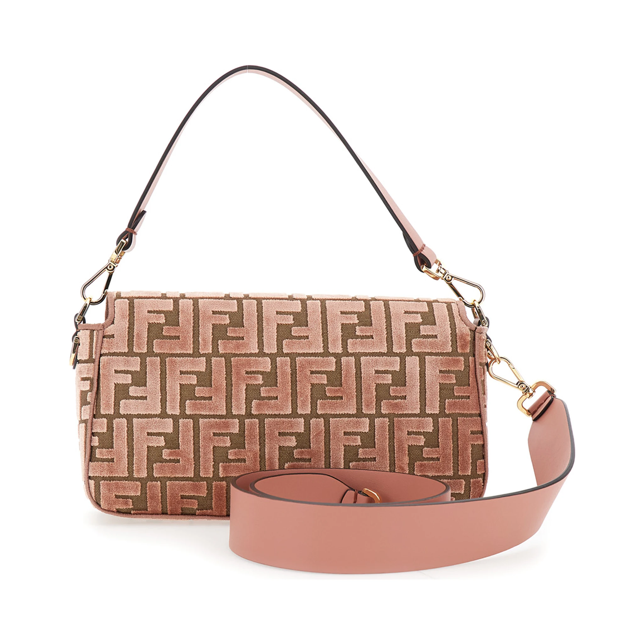 Baguette Pink Medium Shoulder Bag with All-Over FF Motif and FF Logo Plaque on the Front in Cotton Blend Woman