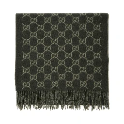 Green Scarf with Fringed Hem and GG Motif Jacquard in Cashmere Man