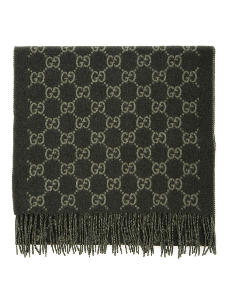 Green Scarf with Fringed Hem and GG Motif Jacquard in Cashmere Man