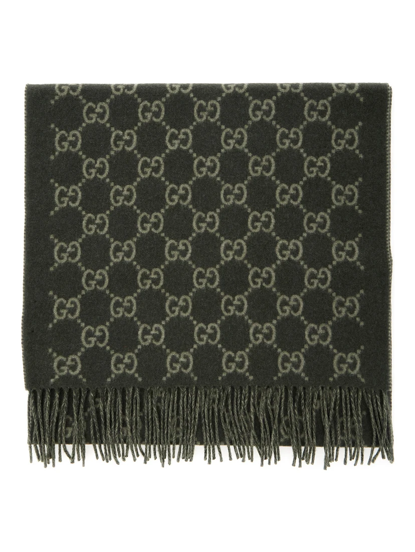 Green Scarf with Fringed Hem and GG Motif Jacquard in Cashmere Man