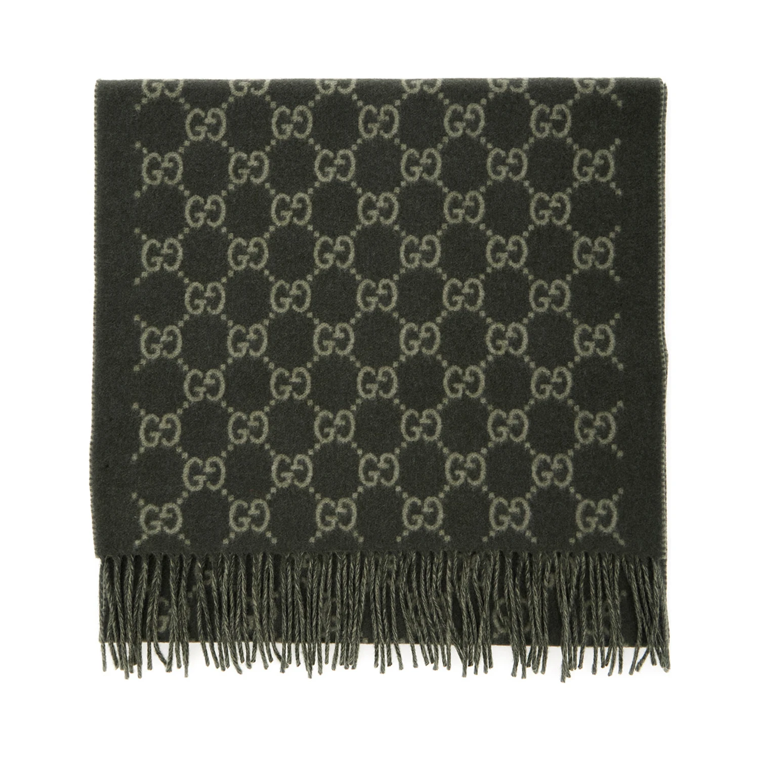 Green Scarf with Fringed Hem and GG Motif Jacquard in Cashmere Man