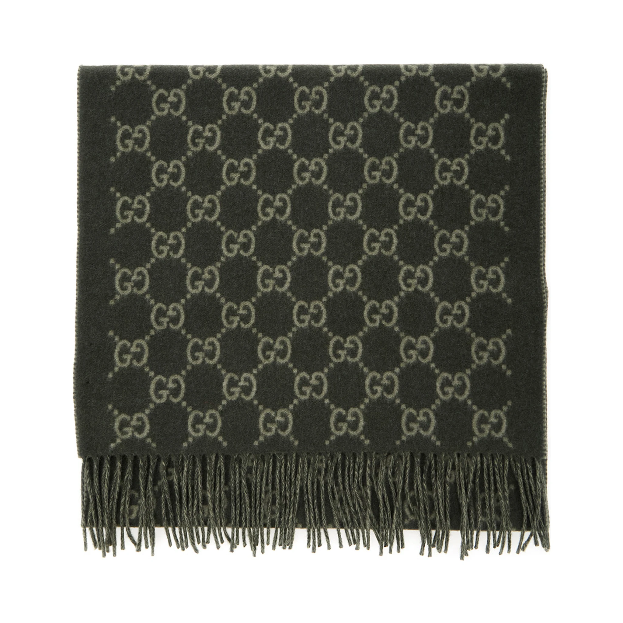 Green Scarf with Fringed Hem and GG Motif Jacquard in Cashmere Man