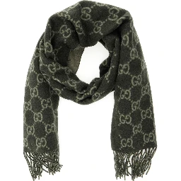 Green Scarf with Fringed Hem and GG Motif Jacquard in Cashmere Man