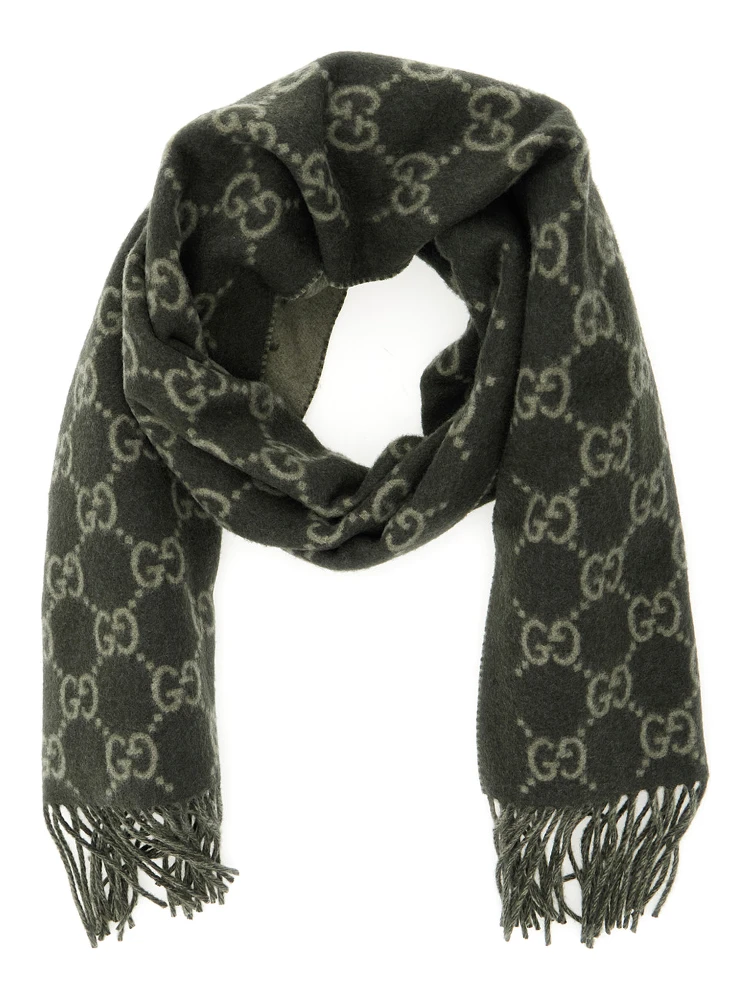 Green Scarf with Fringed Hem and GG Motif Jacquard in Cashmere Man alternative