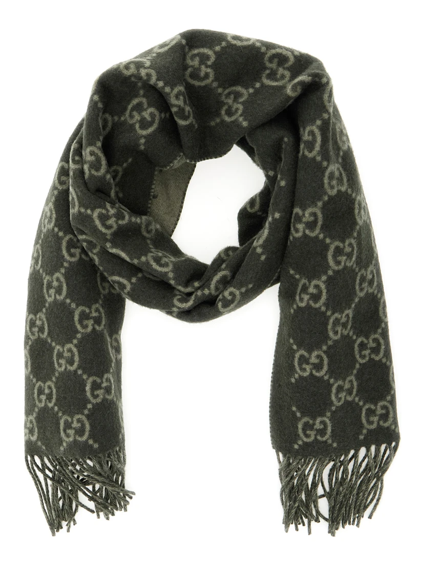 Green Scarf with Fringed Hem and GG Motif Jacquard in Cashmere Man