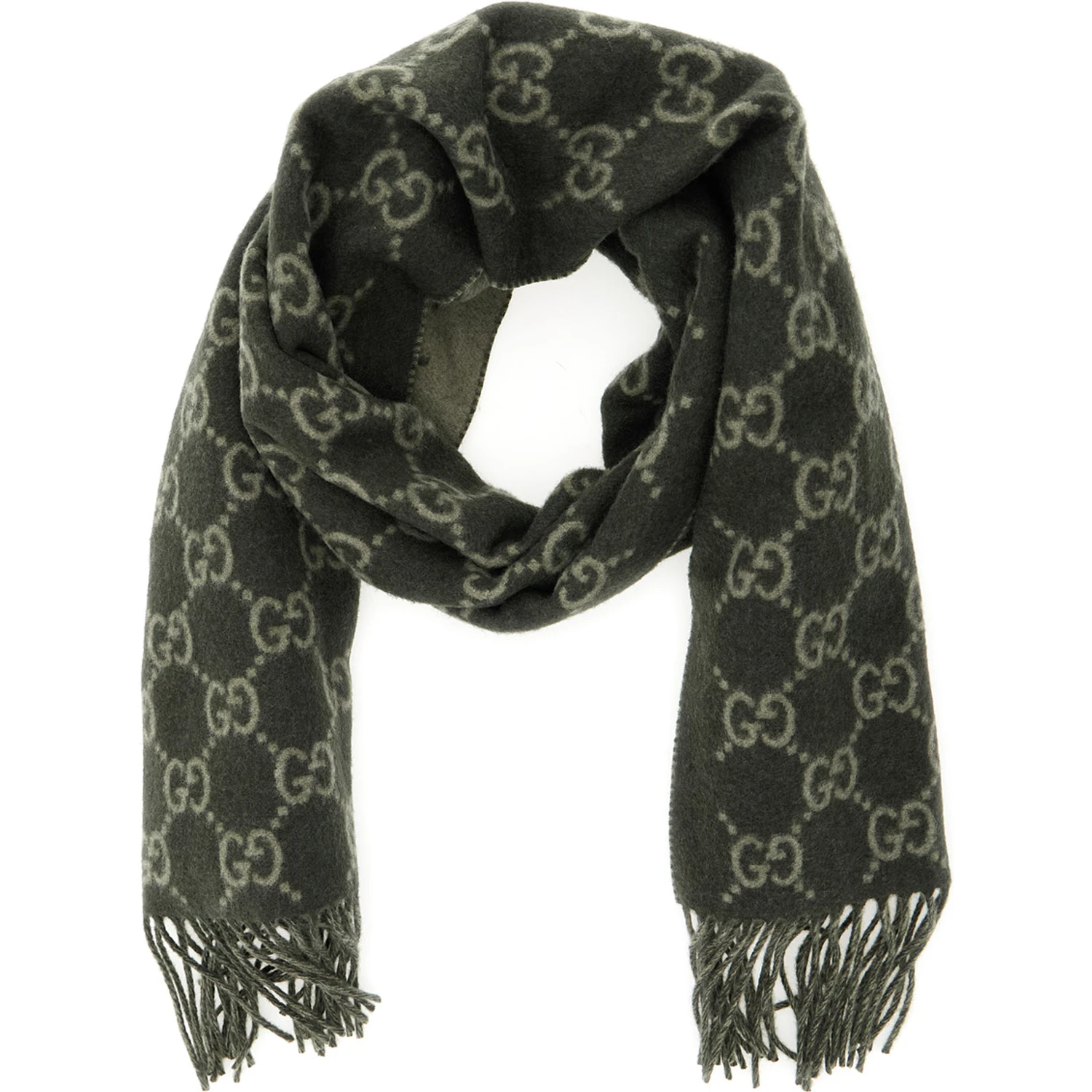 Green Scarf with Fringed Hem and GG Motif Jacquard in Cashmere Man