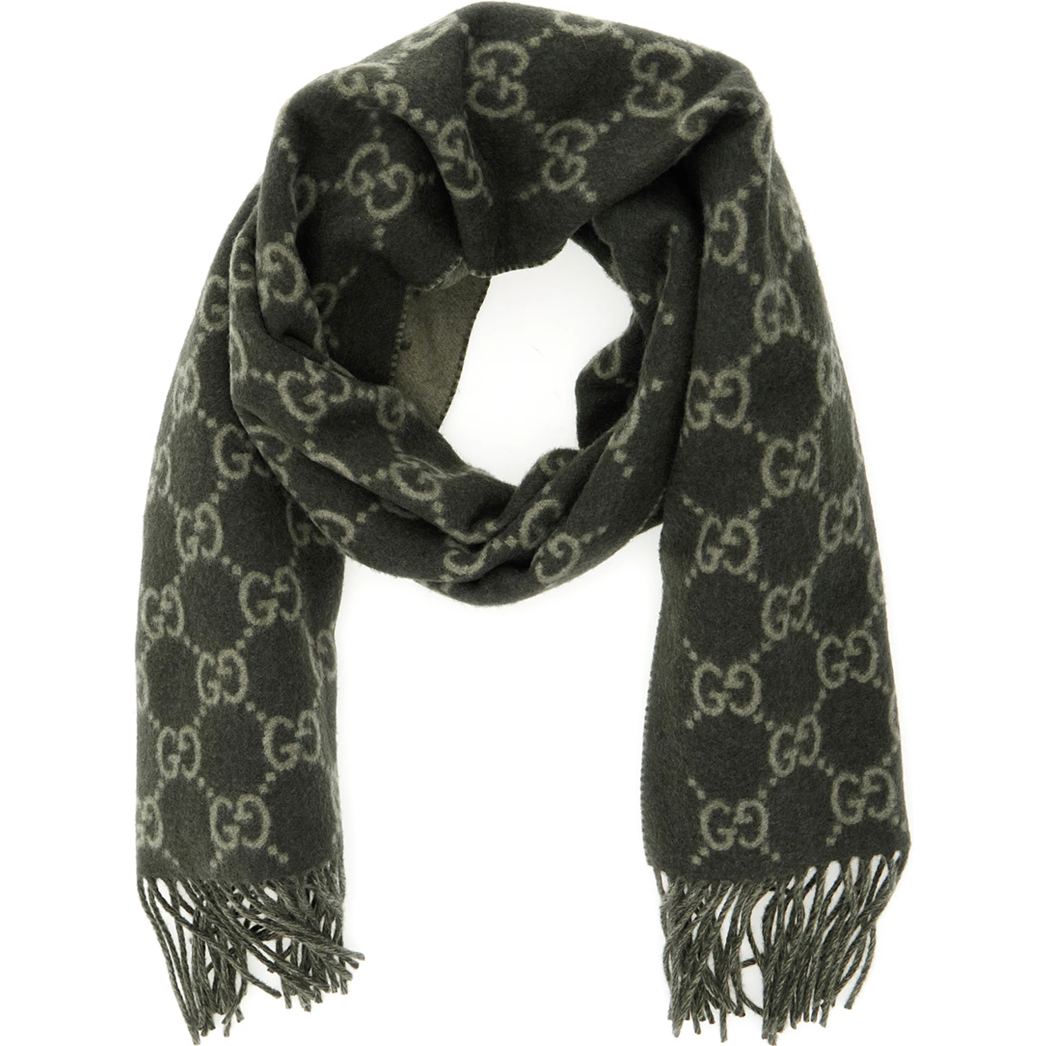 Green Scarf with Fringed Hem and GG Motif Jacquard in Cashmere Man