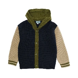 Multicolor Ribbed Cardigan with Maxi Logo on the Back in Cotton and Wool Blend Boy