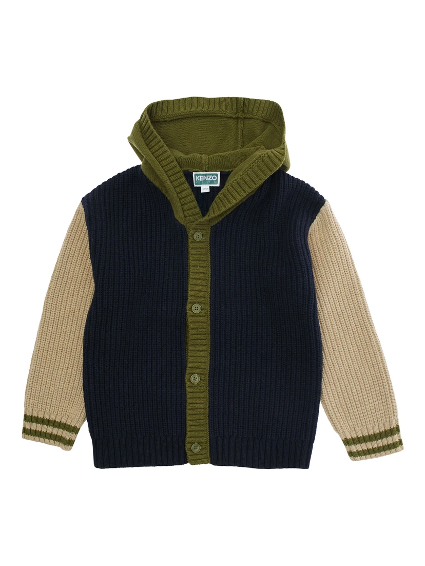 Multicolor Ribbed Cardigan with Maxi Logo on the Back in Cotton and Wool Blend Boy