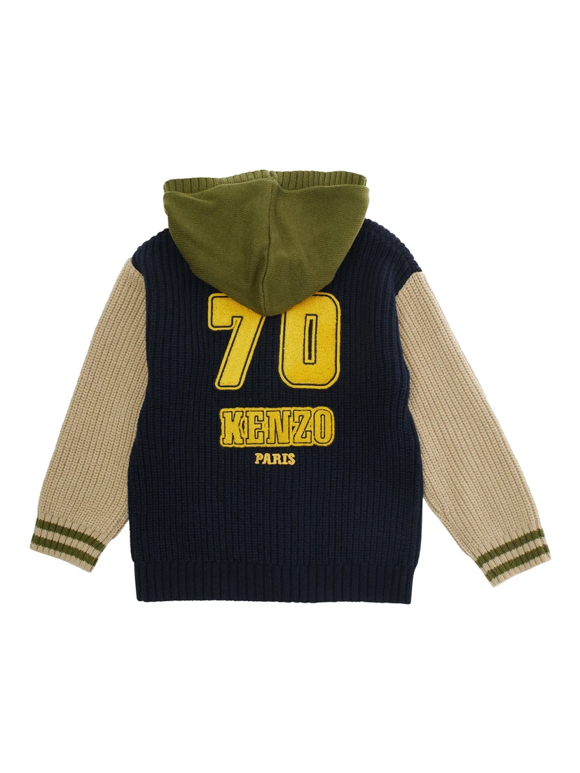 Multicolor Ribbed Cardigan with Maxi Logo on the Back in Cotton and Wool Blend Boy