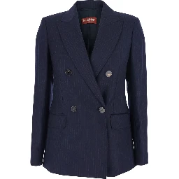 Blue Jacket with Peak Lapel and All-Over Pinstripe in Wool Woman