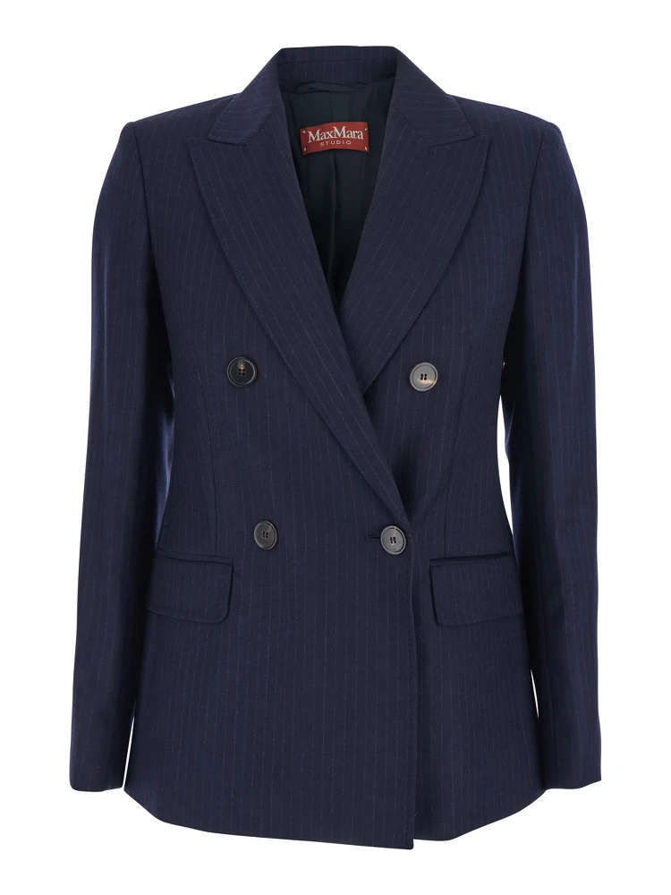 Blue Jacket with Peak Lapel and All-Over Pinstripe in Wool Woman