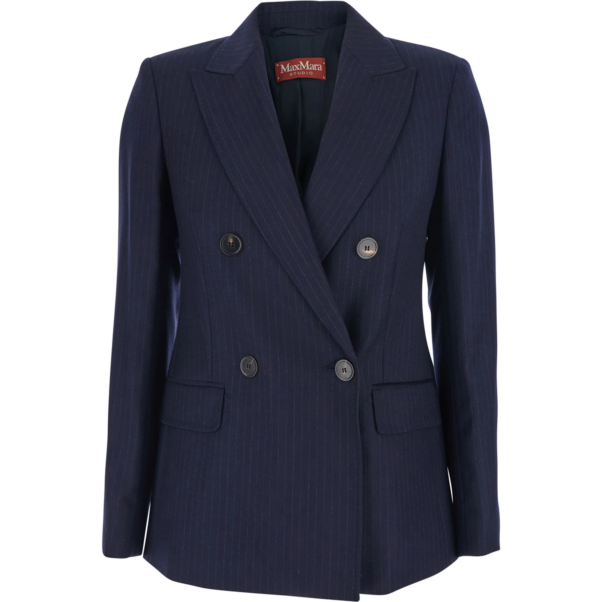 Blue Jacket with Peak Lapel and All-Over Pinstripe in Wool Woman