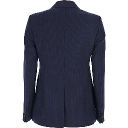 Blue Jacket with Peak Lapel and All-Over Pinstripe in Wool Woman
