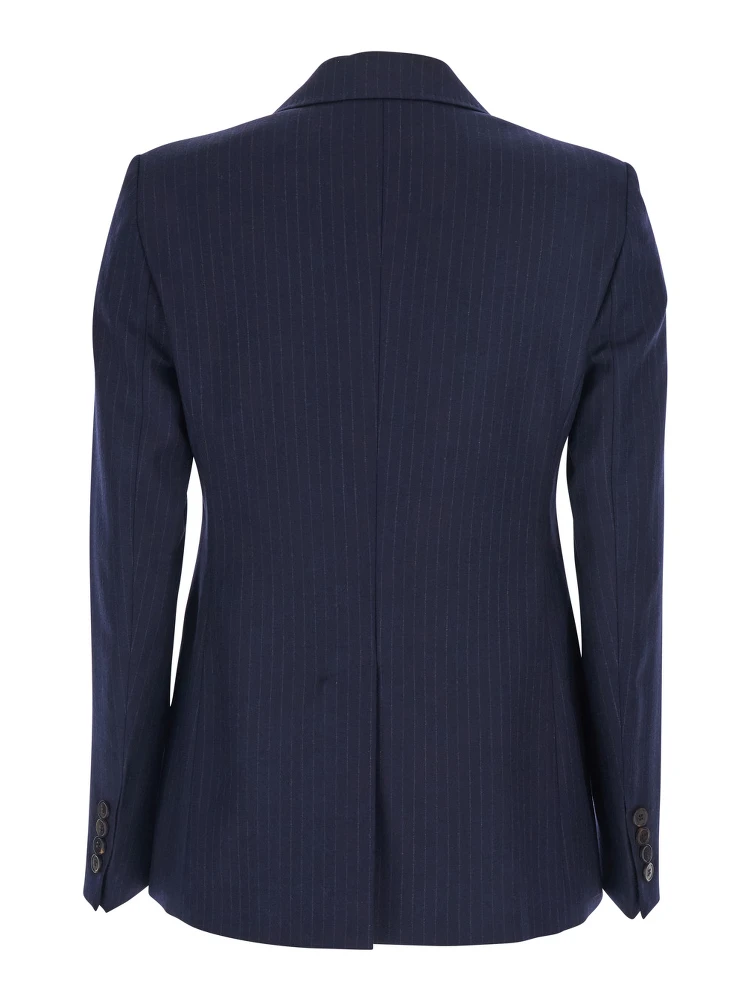 Blue Jacket with Peak Lapel and All-Over Pinstripe in Wool Woman alternative