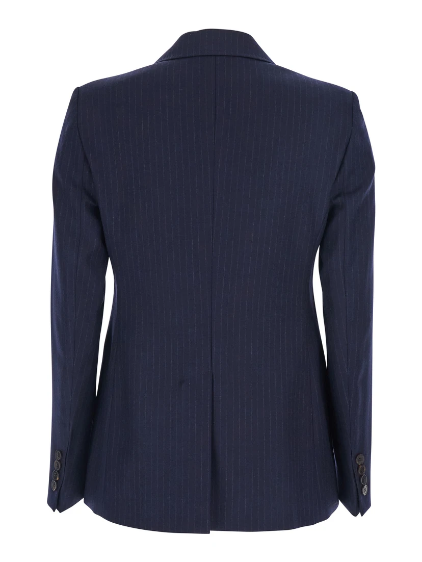 Blue Jacket with Peak Lapel and All-Over Pinstripe in Wool Woman
