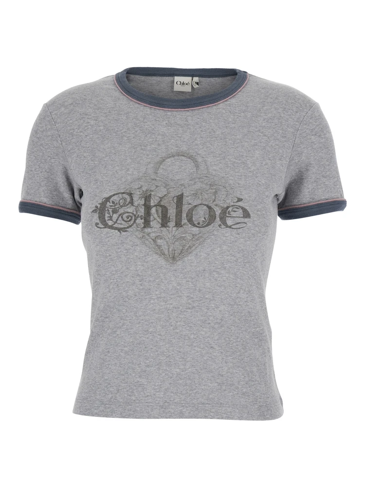 Grey Crewneck T-Shirt with Logo Lettering on the Front in Cotton Woman