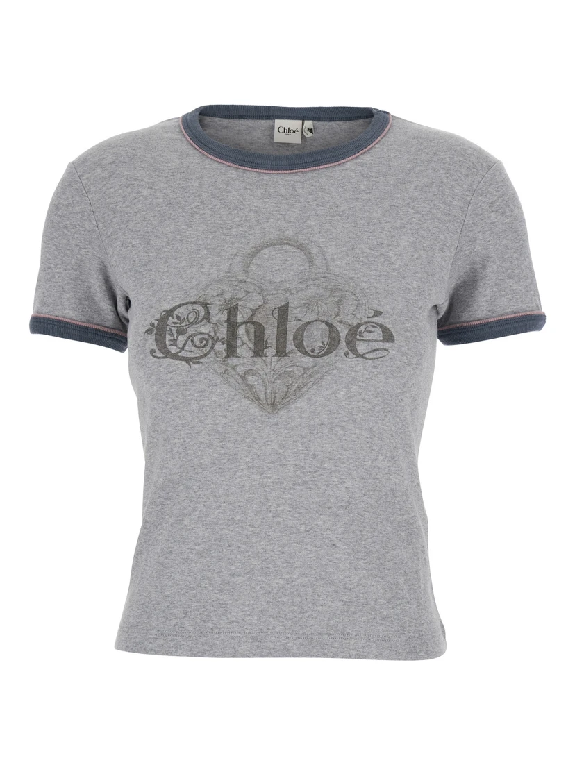 Grey Crewneck T-Shirt with Logo Lettering on the Front in Cotton Woman
