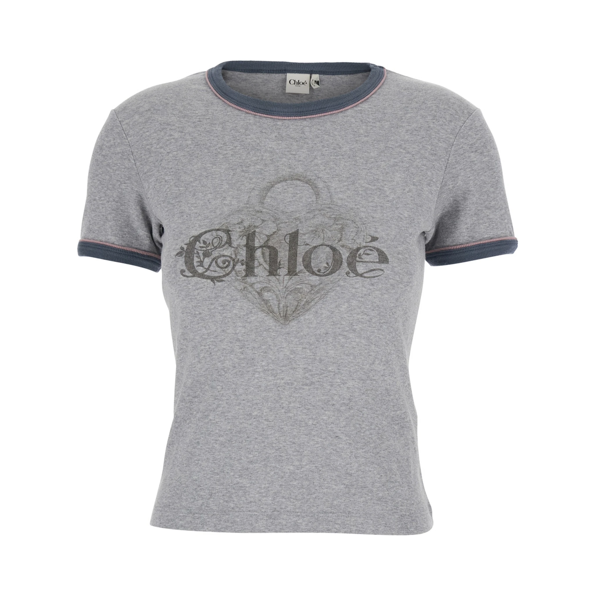 Grey Crewneck T-Shirt with Logo Lettering on the Front in Cotton Woman