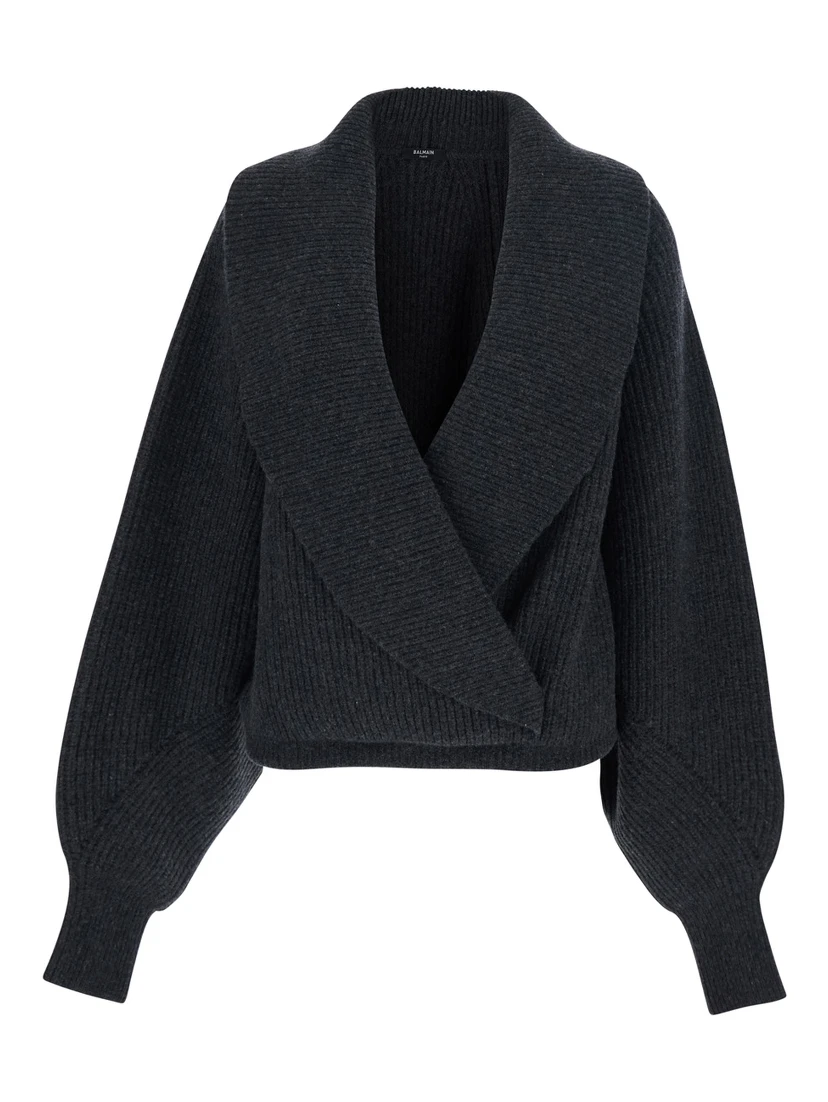 Grey Sweater with Weap Effect and Wide Revers in Wool Woman