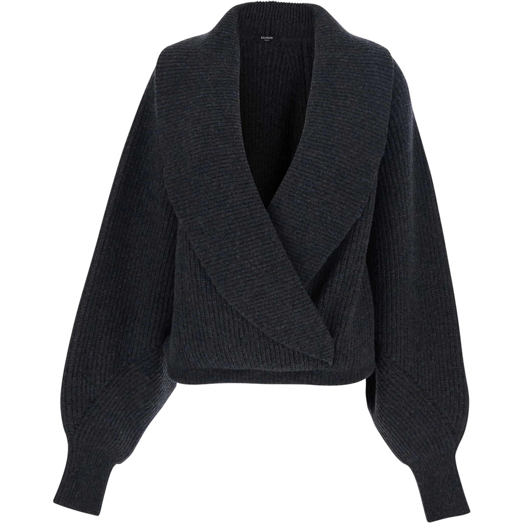 Grey Sweater with Weap Effect and Wide Revers in Wool Woman