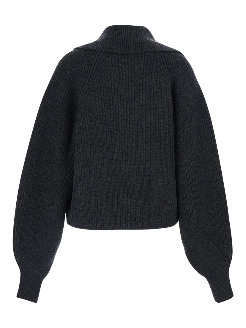 Grey Sweater with Weap Effect and Wide Revers in Wool Woman