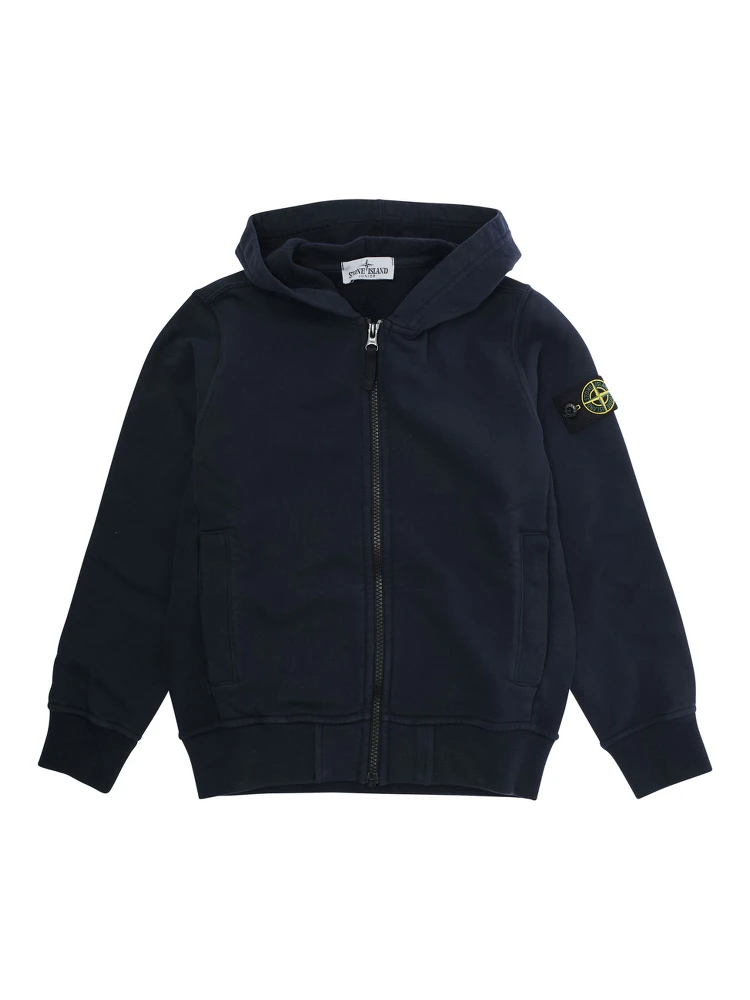 Blue Sweatshirt with Fixed Hood and Logo Patch on the Sleeve in Cotton Boy