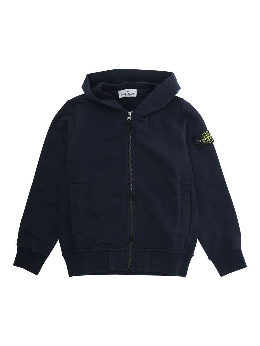 Blue Sweatshirt with Fixed Hood and Logo Patch on the Sleeve in Cotton Boy