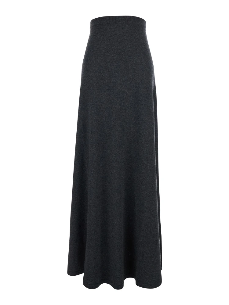 Grey Flared Skirt with Pleated Details and Elastic Ribbed Waist in Wool Woman