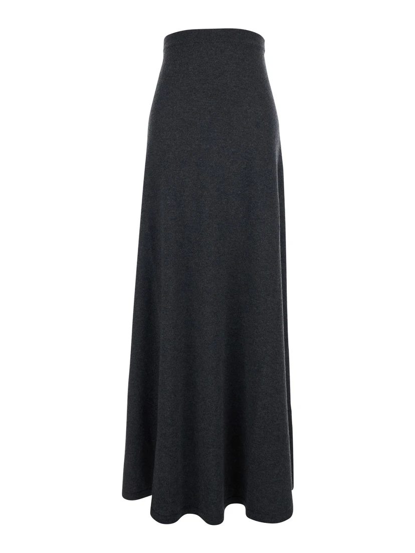 Grey Flared Skirt with Pleated Details and Elastic Ribbed Waist in Wool Woman