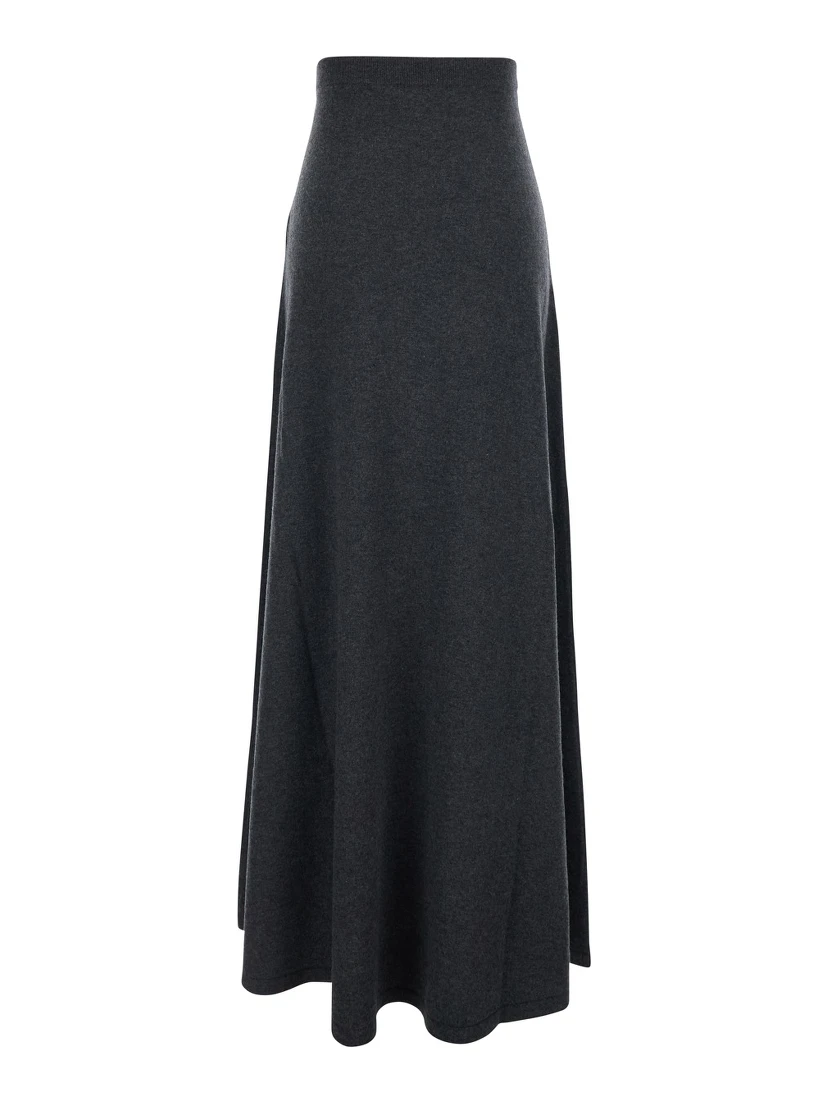 Grey Flared Skirt with Pleated Details and Elastic Ribbed Waist in Wool Woman