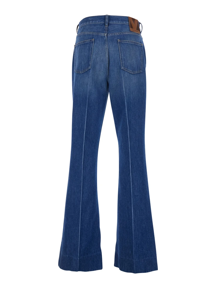 Blue Five-Pocket Jeans with Logo Patch in Cotton Denim Man