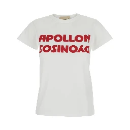 White Crew Neck T-Shirt with Print on the Front in Cotton Woman