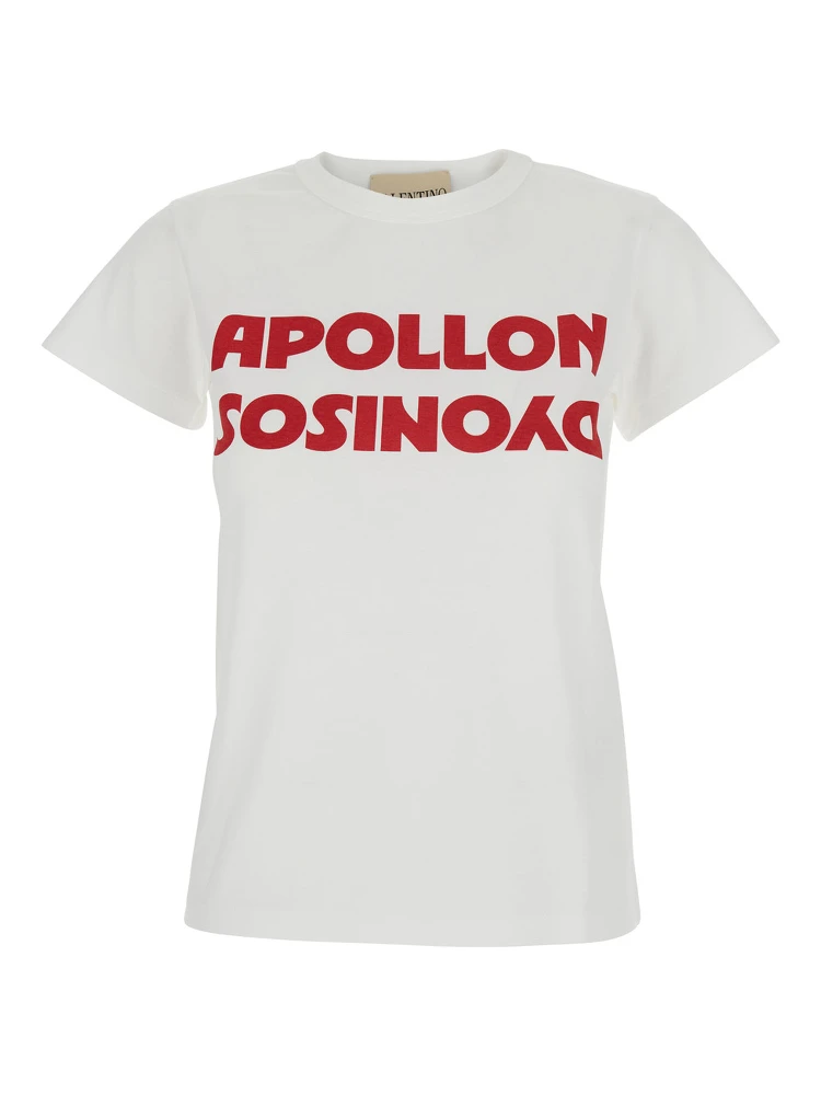 White Crew Neck T-Shirt with Print on the Front in Cotton Woman