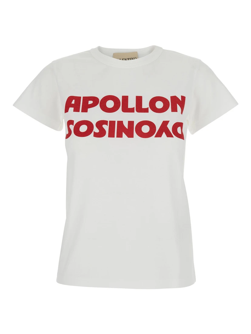 White Crew Neck T-Shirt with Print on the Front in Cotton Woman