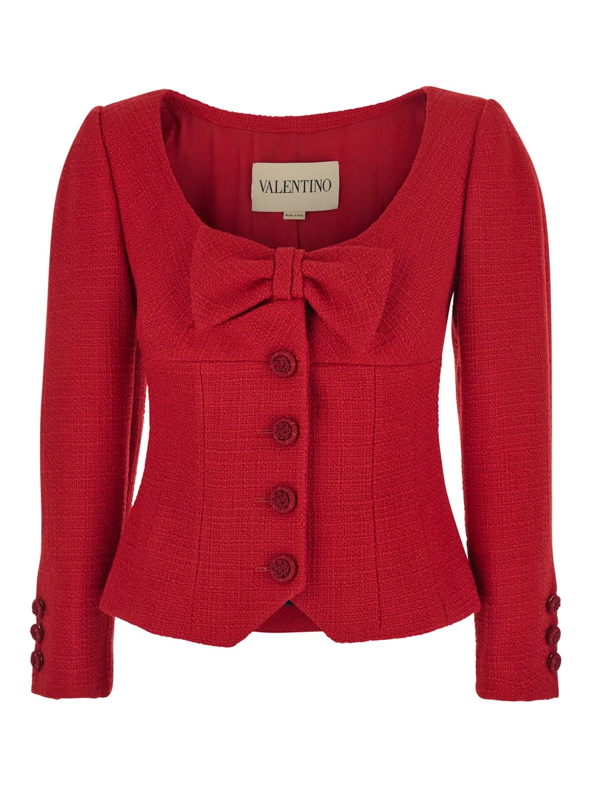 Red Jacket with Wide Front Neckline and Bow Detail in Wool Tweed Woman